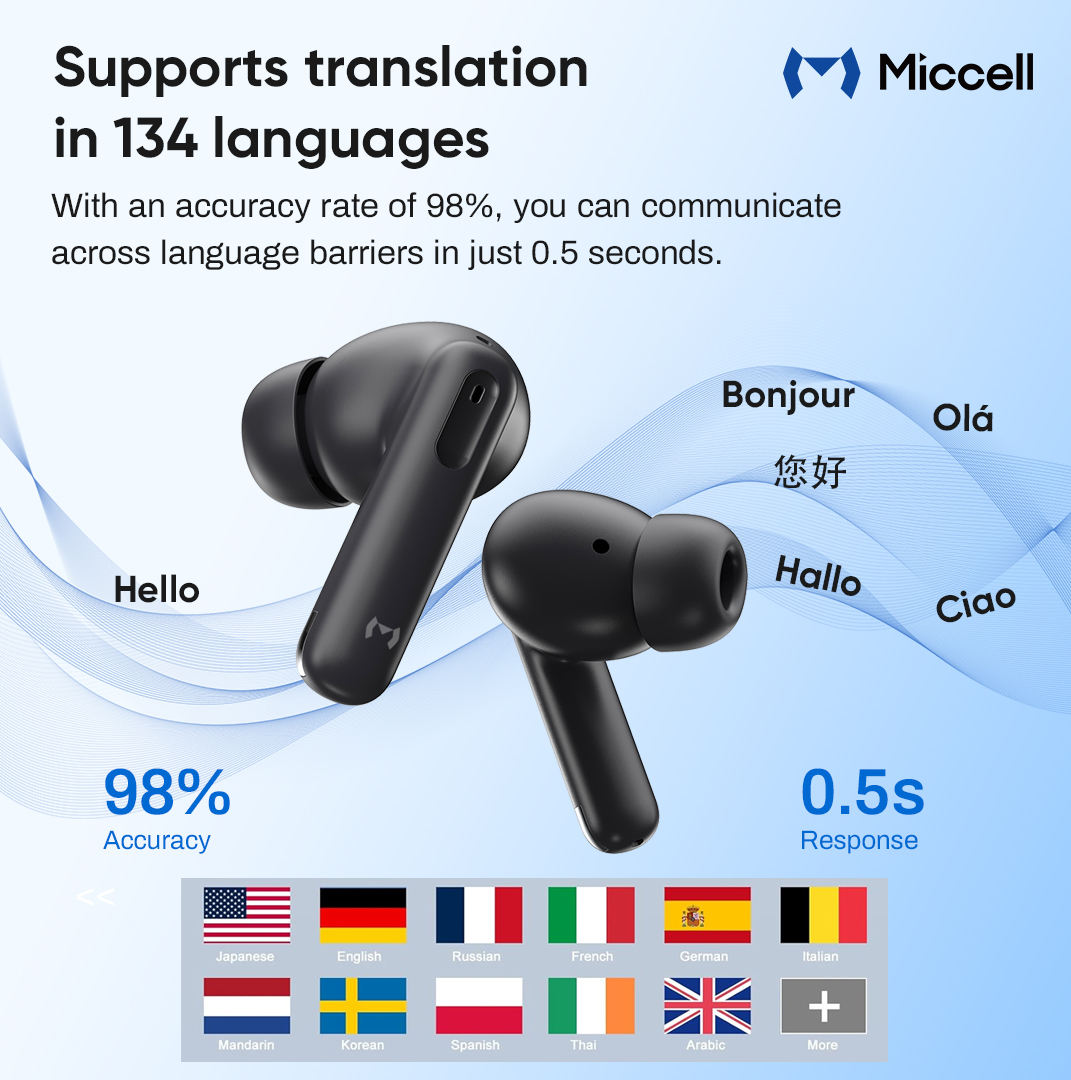 Miccell True Wireless Stereo Earphone Headset Sports Anc Enc Noise Reduction Headphones Al Real-Time Translator Tws Earbuds