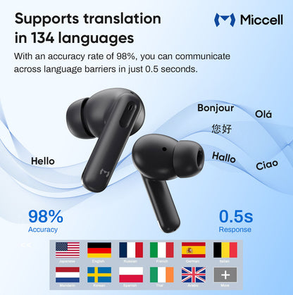 Miccell True Wireless Stereo Earphone Headset Sports Anc Enc Noise Reduction Headphones Al Real-Time Translator Tws Earbuds
